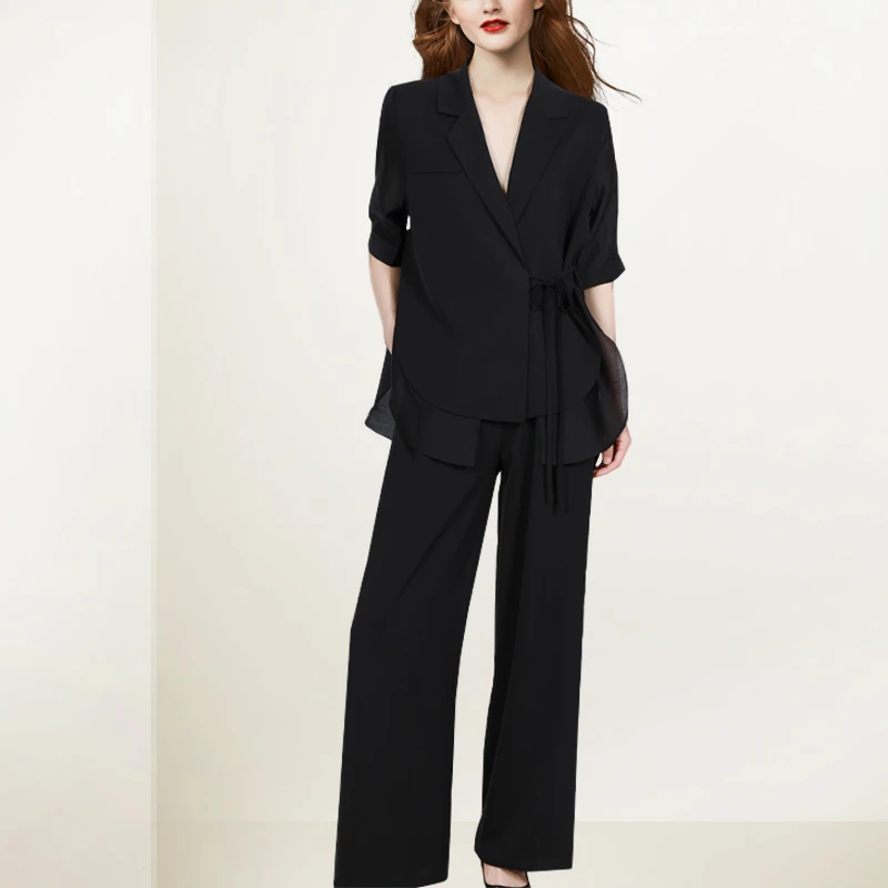 2025年夏季新款西服套装气质显瘦拼接西装外套垂感阔腿裤两件套潮