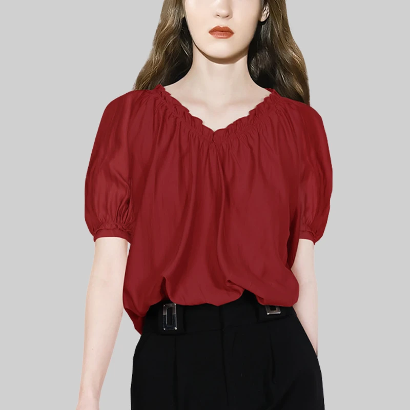 2025年新款木耳边V领法式衬衫女夏季宽松显瘦短袖衬衣气质上衣潮