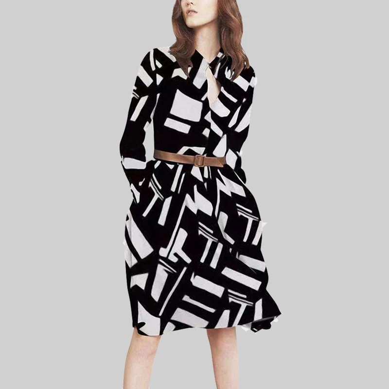 气质修身中长款连衣裙女2025年秋冬设计感印花中腰立领修身A字裙