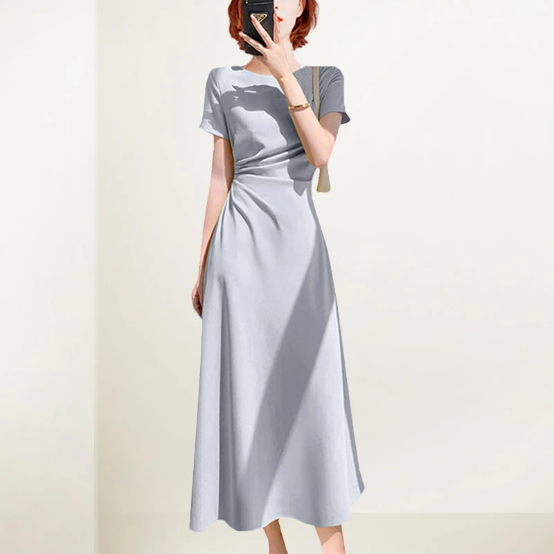 法式褶皱连衣裙女2025年夏装新款短袖轻奢不规则长裙修身气质裙子