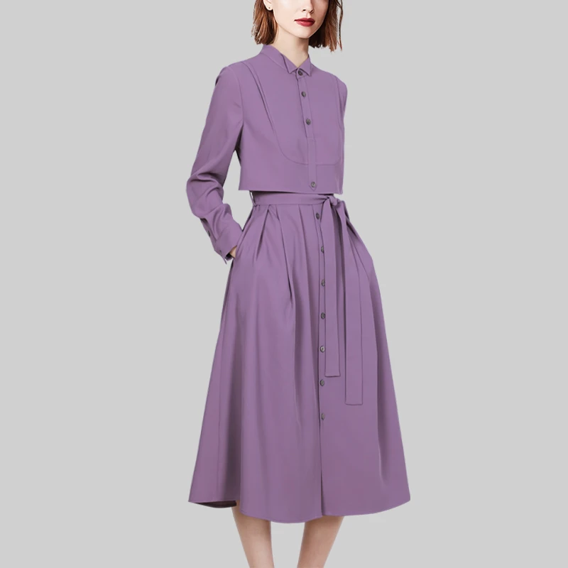 法式气质紫色连衣裙女装2025年秋装新款洋气系带收腰显瘦衬衫裙潮