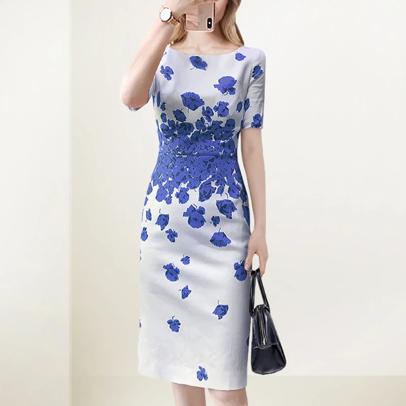 欲姐轻奢印花方领连衣裙女2025年夏装新款高级感修身显瘦中长款裙