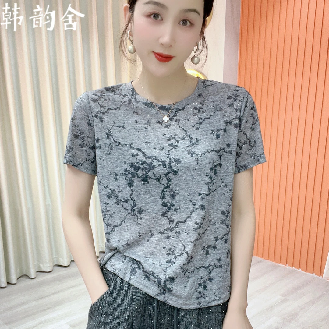 2024夏季t恤时尚百搭半袖宽松印花圆领蕾丝显瘦气质洋气女士.修身