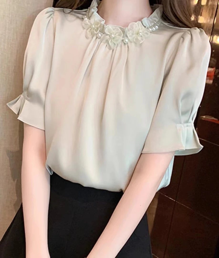 一一九气质雪纺衬衫女短袖洋气小众设计感显瘦上衣