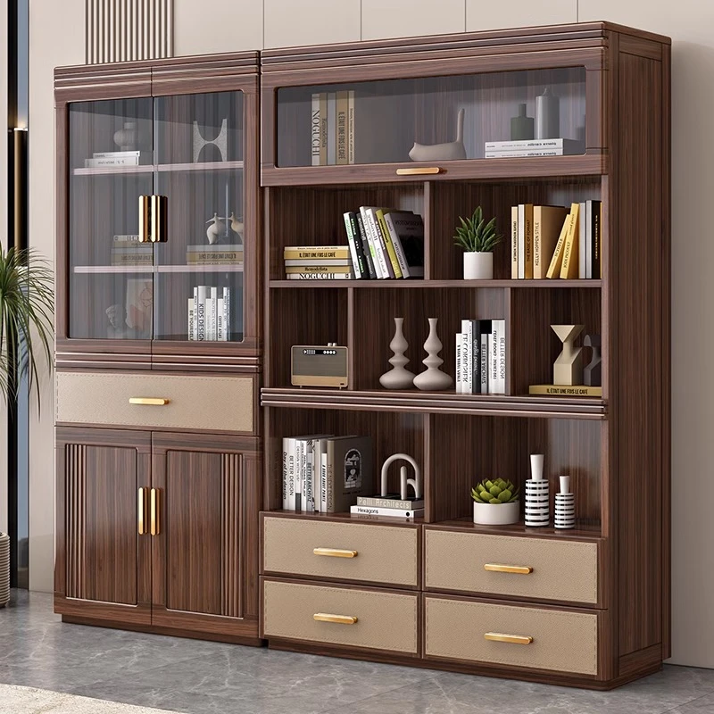 客厅胡桃木实木书柜落地书架展示储物柜现代书橱书房家用置物柜