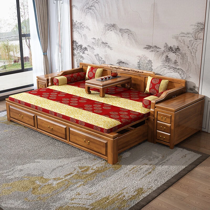 新中式香樟木罗汉床推拉床禅意沙发床客厅小户型现代简约全实木