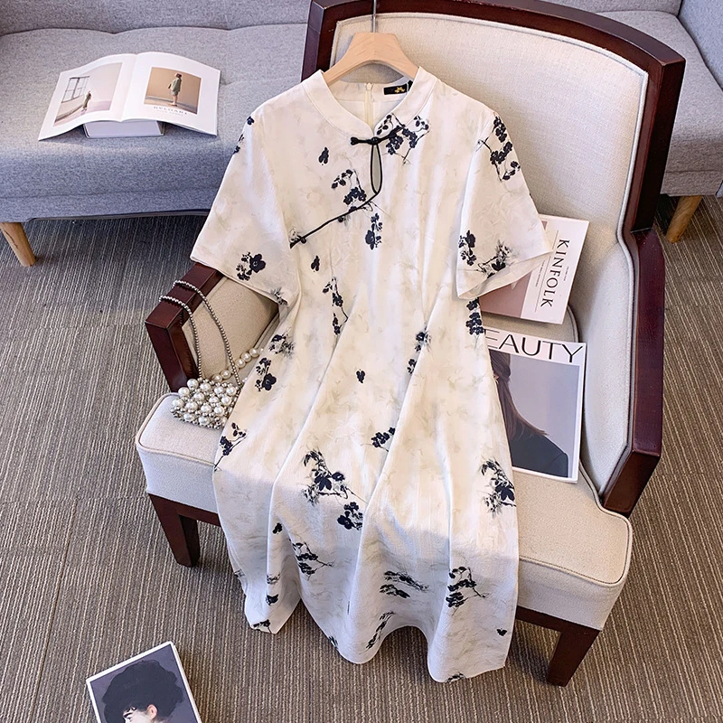 【66365】300斤大码女装胖mm新中式改良旗袍连衣裙收腰开叉显瘦新款