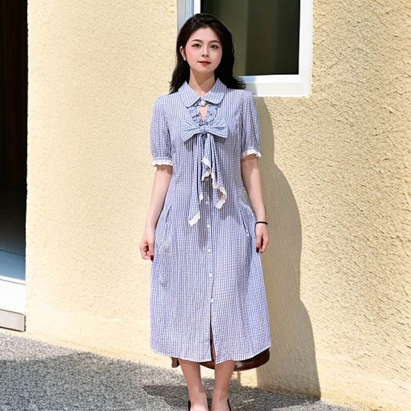 66198大码女装胖mm格纹短袖连衣裙polo领宽松2024夏季新款裙子
