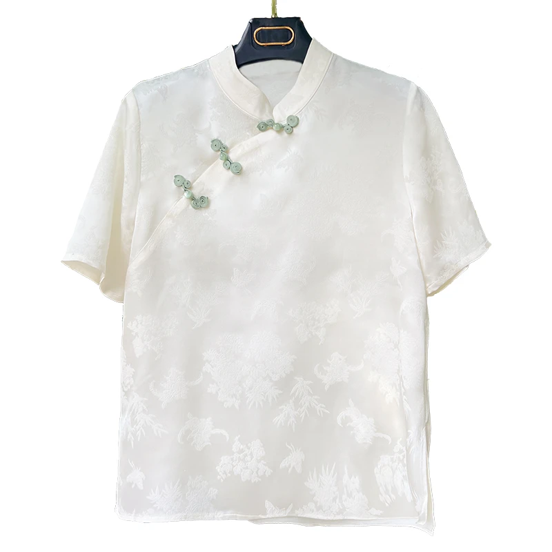 新中式国风时尚优雅气质2024夏季新款斜襟盘扣提花少女短袖衬衫