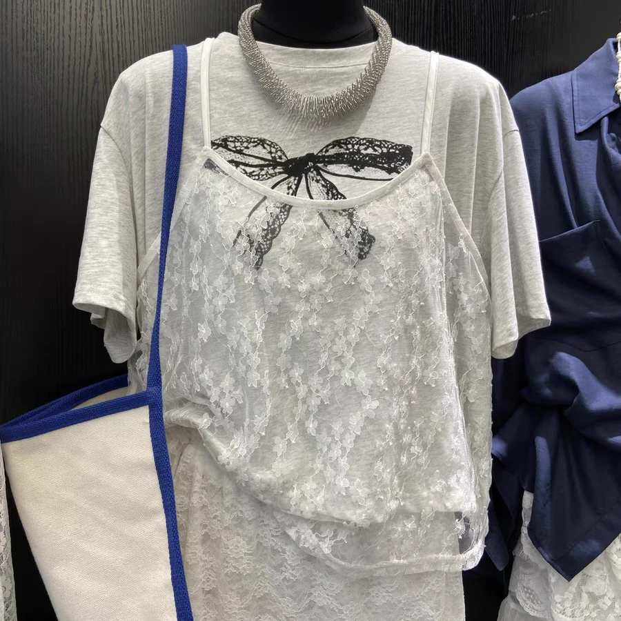 2024夏季新款蕾丝时尚重工拼接百搭宽松短袖