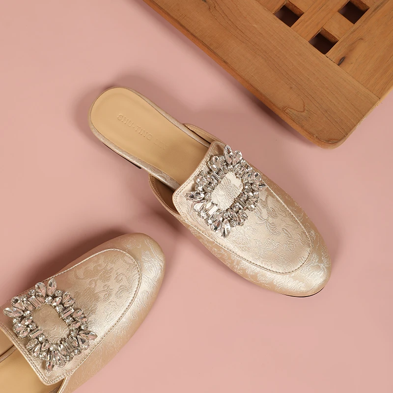 包头半拖鞋女外穿水钻平底鞋2024春夏新款方扣新中式国风网红凉拖