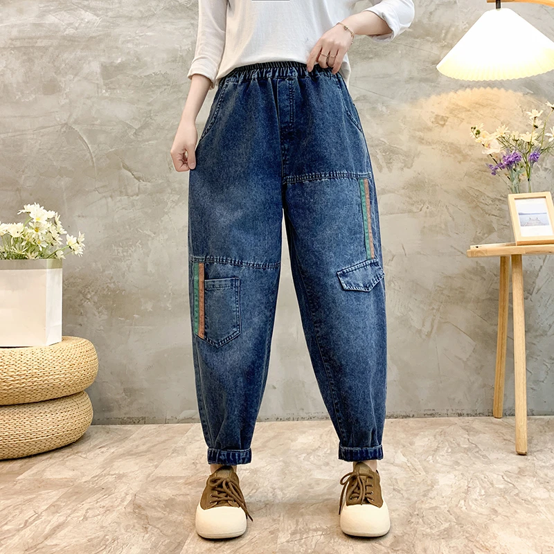 689蓝#2024早秋新款宽松复古做旧高腰显瘦牛仔裤撞色哈伦裤女