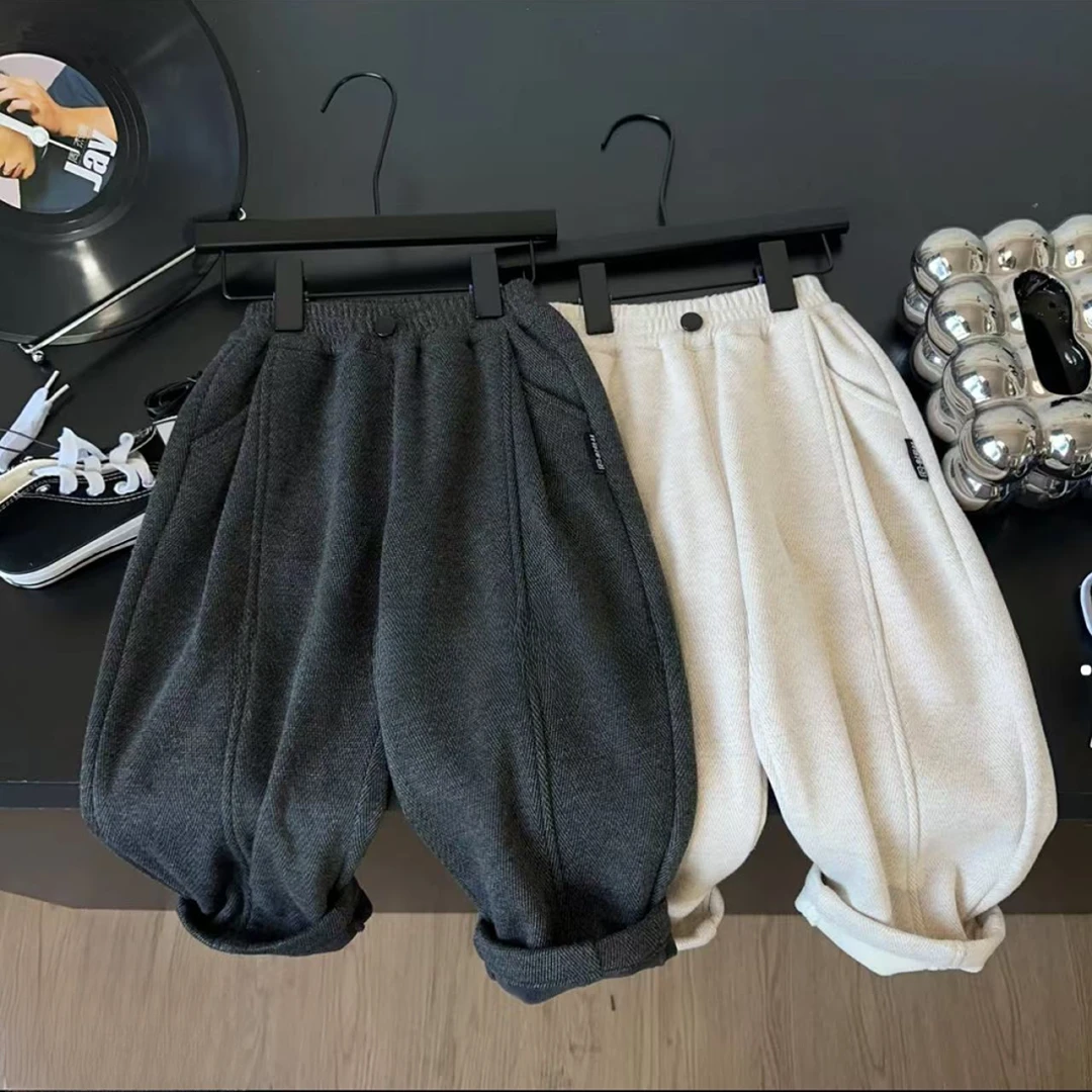 儿童纯色加绒呢子裤秋冬儿童保暖休闲表达韩版中童男女长裤潮