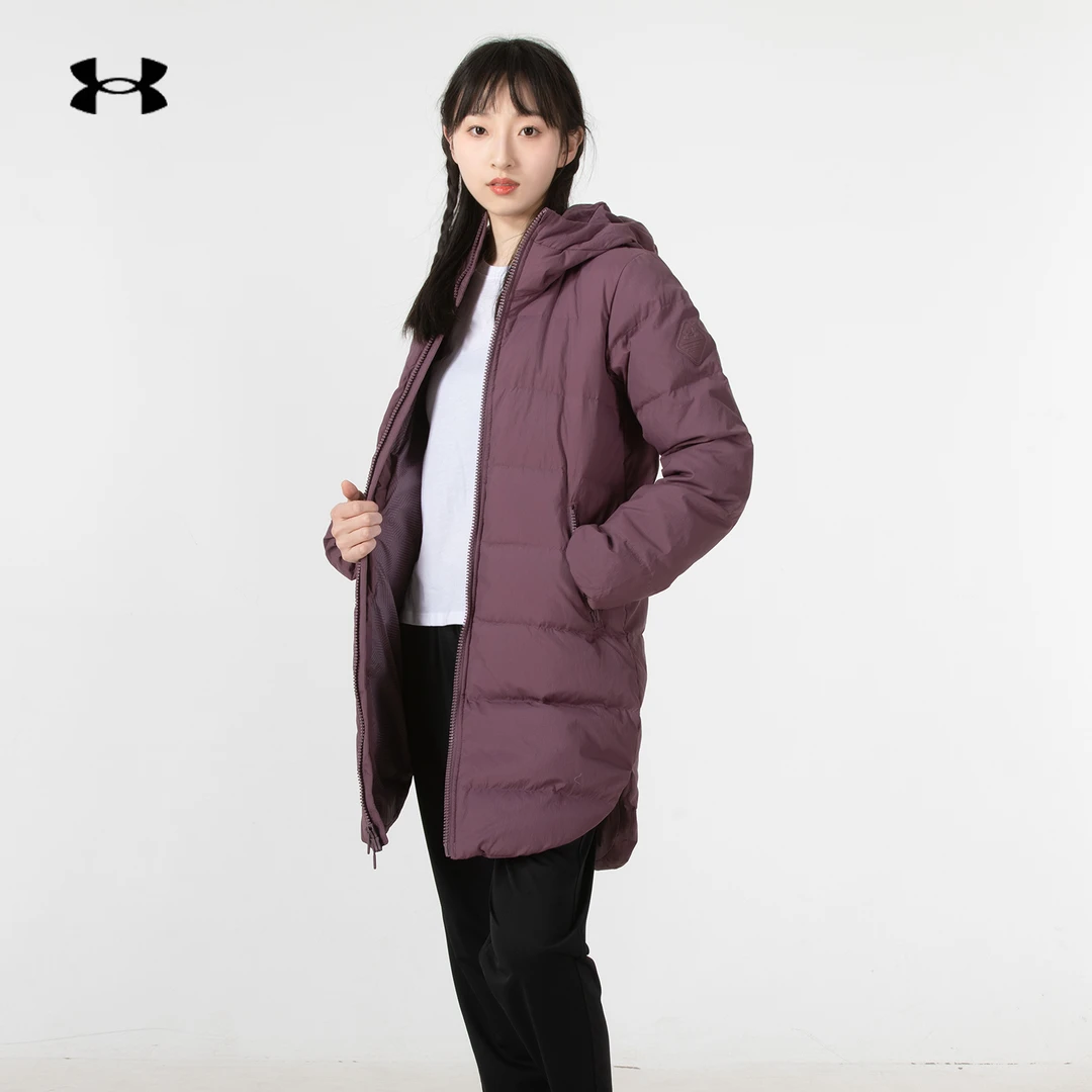 UA安德玛女子外套新款保暖长袖羽绒服连帽训练紫色运动服1364899