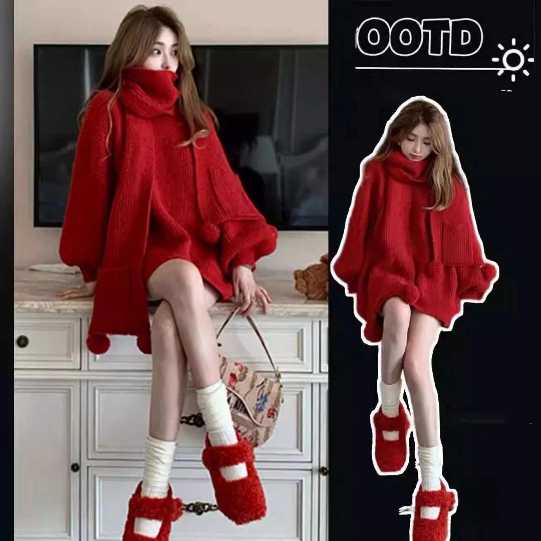 圣诞红色毛衣裙子女秋冬季中长款2023兔年新款围脖两件套时尚女装