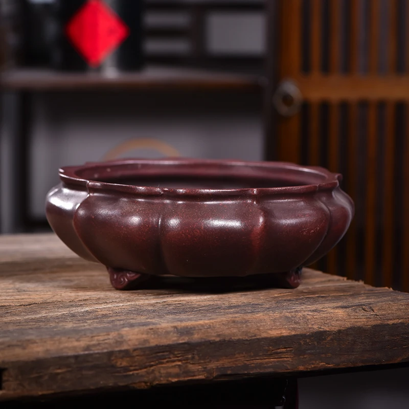 内径20*6cm宜兴紫砂古红泥抽口浅莲花云脚大肚精品手工盆景花盆