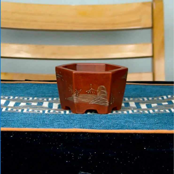 内径8.5*7.5*5cm铁画轩系列山水泥绘六方做旧小花盆