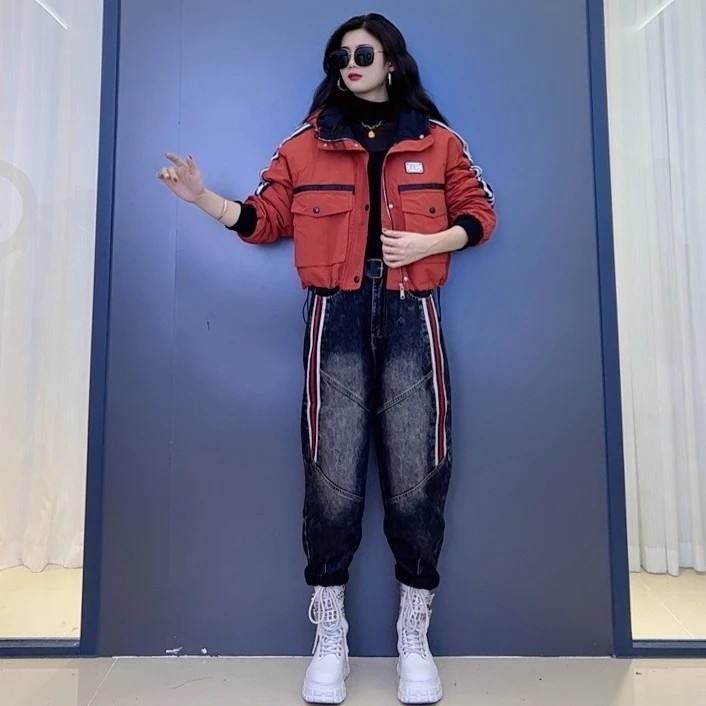 冬款气质休闲宽松拼接夹棉外套-百搭拼接水洗加绒时尚哈伦牛仔裤
