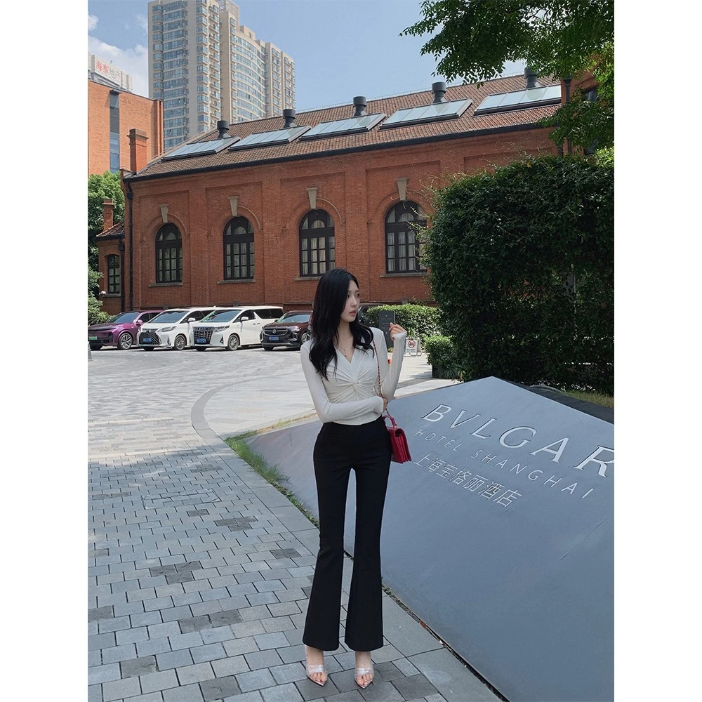 THE SWAN司凰轻奢 韩女裤 高腰显瘦休闲微喇叭裤百搭修身气质长裤