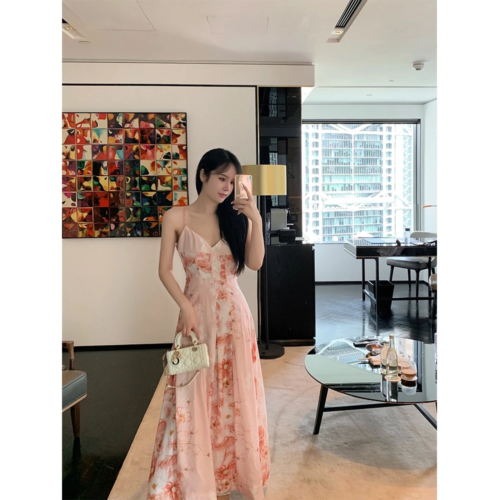 THE SWAN司凰 南法风情 定制款收腰显瘦吊带连衣裙