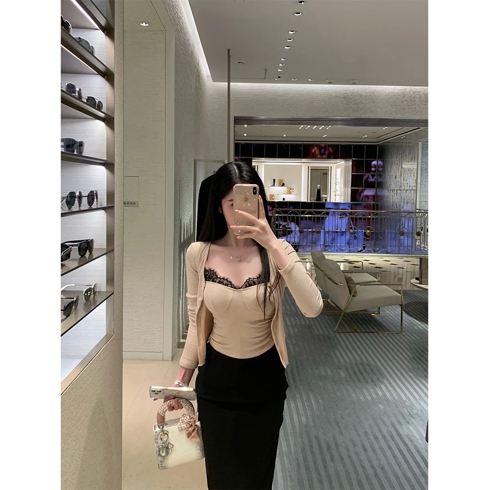 THE SWAN司凰轻奢 拒绝不了的 日常百搭针织开衫拼接蕾丝吊带套装