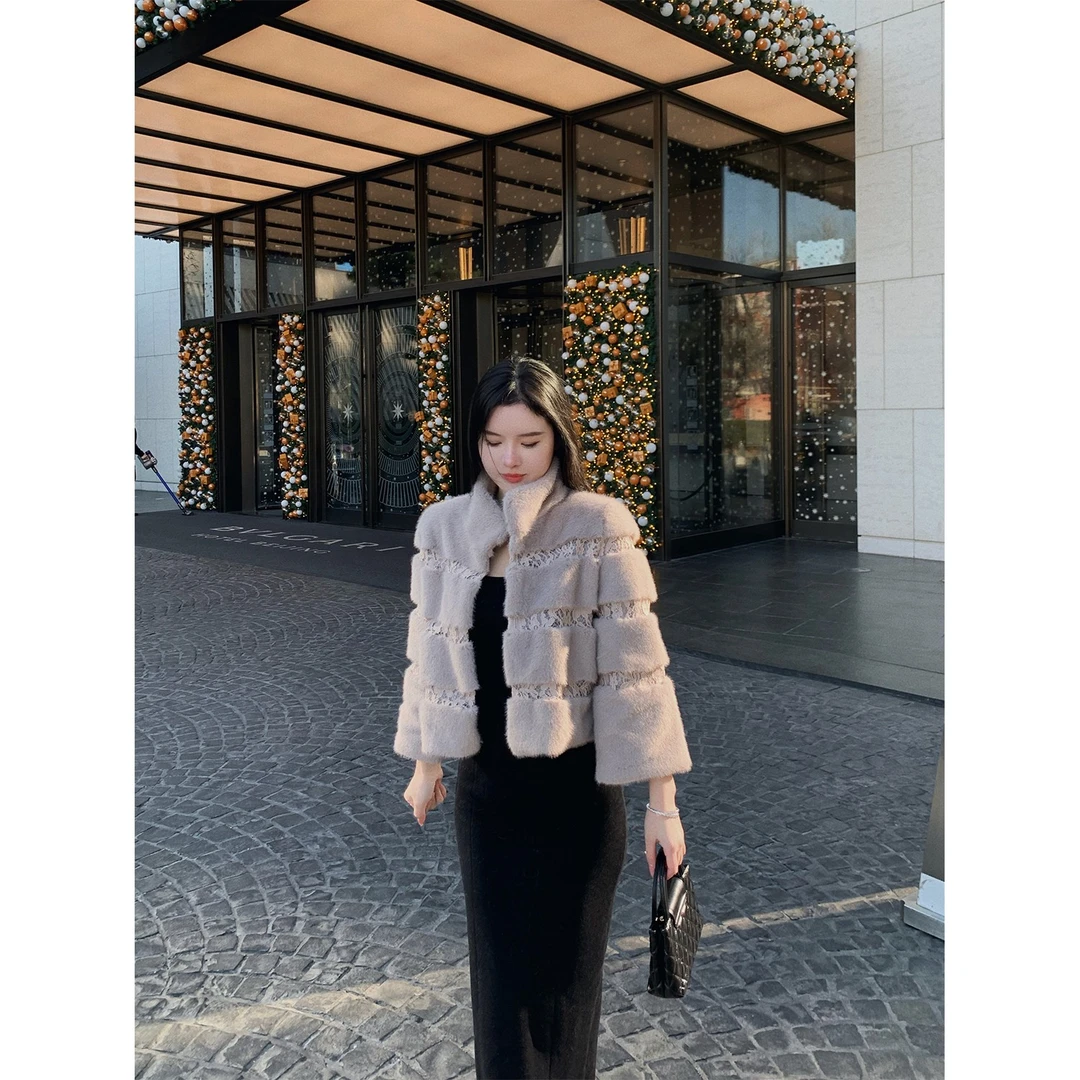 人造皮草 THE SWAN司凰轻奢 韩女进阶 精致蕾丝拼接仿皮草短外套