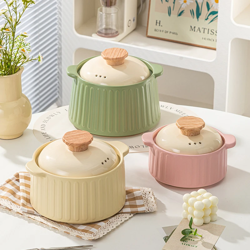 奶油风竖纹陶瓷砂锅耐高温煤气灶专用炖锅家用煲仔饭炖汤燃气炖AD