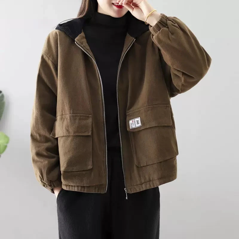 加绒连帽外套女冬季新款宽松复古休闲夹克工装派克#2309