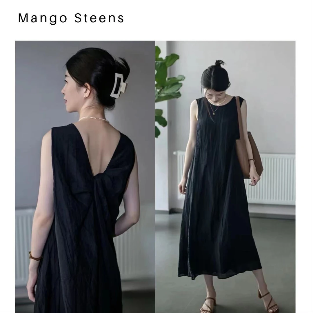 MANGO steen‘s丨法式无袖扭结树皮肌理亚麻连衣裙I3021