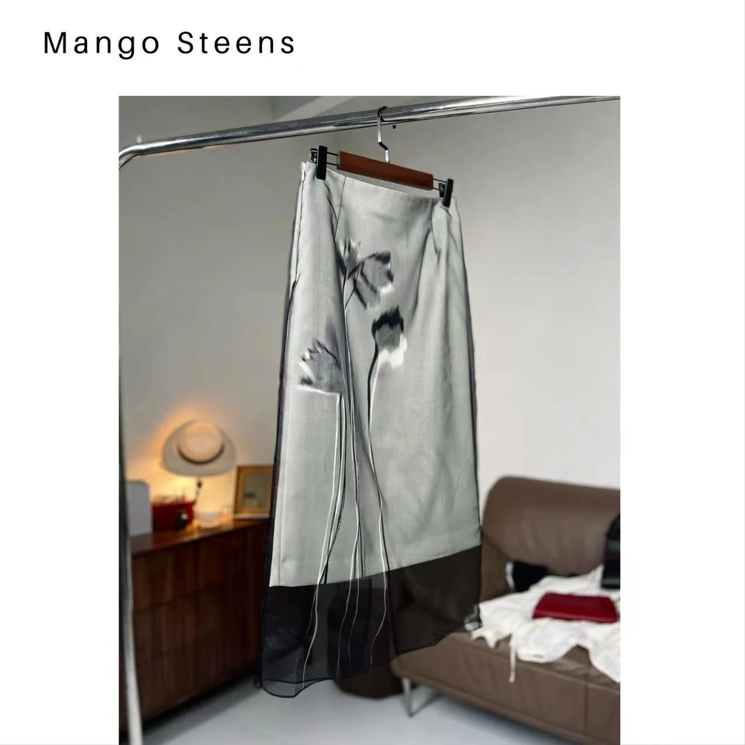 清货孤品/质感水墨花卉网纱拼接半裙N3130