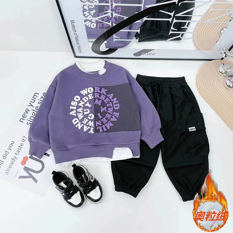 男童卫衣加绒保暖2023儿童长袖圆领上衣春秋款中大童痞帅套头童装