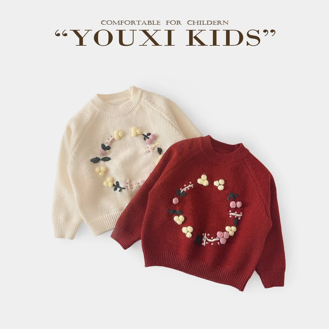 飞飞家24新款超软女童毛衣针织衫手工钩花套头保暖打底毛衣拜年服