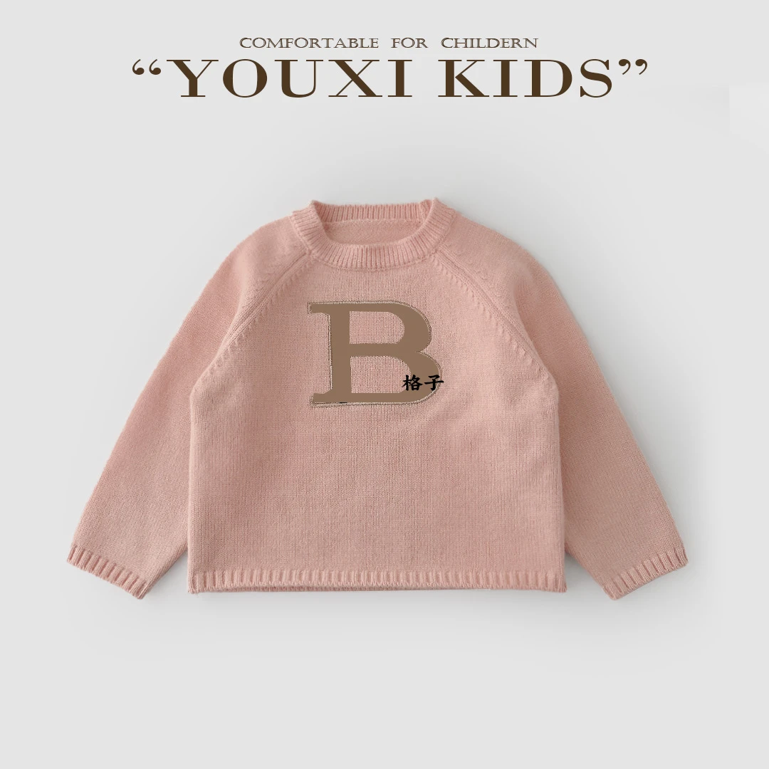现飞飞家·粉红假日新款女童针织衫套头高级感格纹圆领毛衣 FF2433