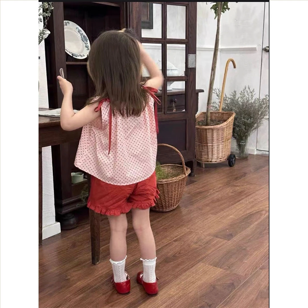 现【熟樱桃】女童洋气套装波点蝴蝶结纯棉无袖红色花边短裤FF2099