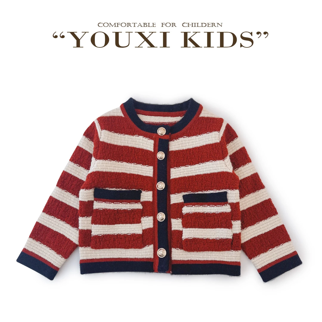 现飞飞家·红白调新款亲子针织衫红色条纹时尚开衫秋冬毛衣 FF2505