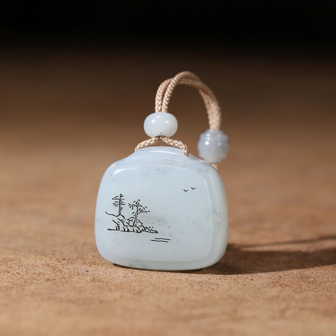 【佳德】25克 新疆和田玉青花《山水牌》苏州精工雕刻 天然玉石  简约