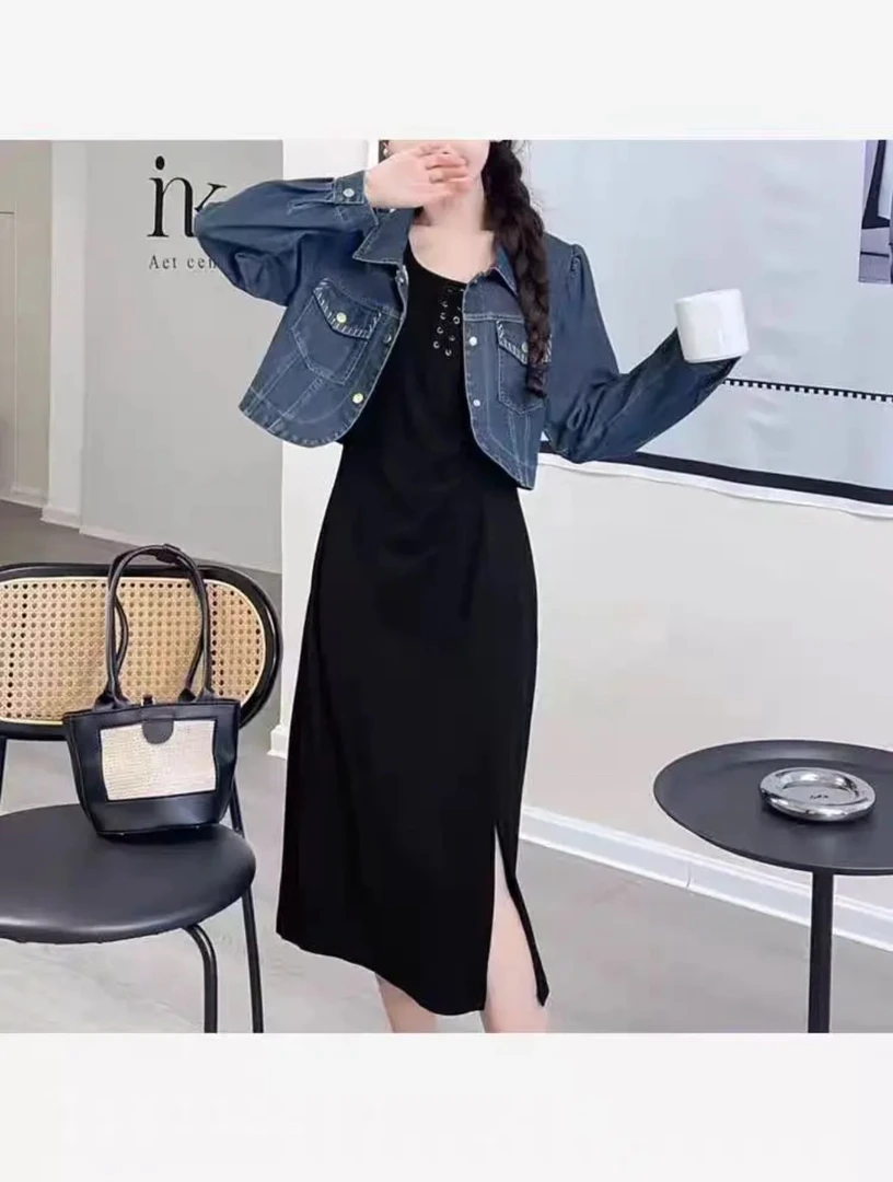 70467秋季时尚减龄百搭时尚背心裙+牛仔外套两件套【衣长45裙长76】