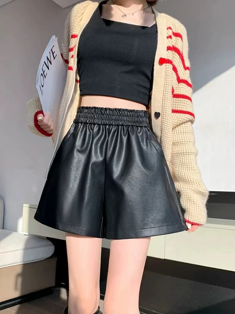 0188秋冬新款高腰显瘦百搭时尚软皮短裤【裤长39】