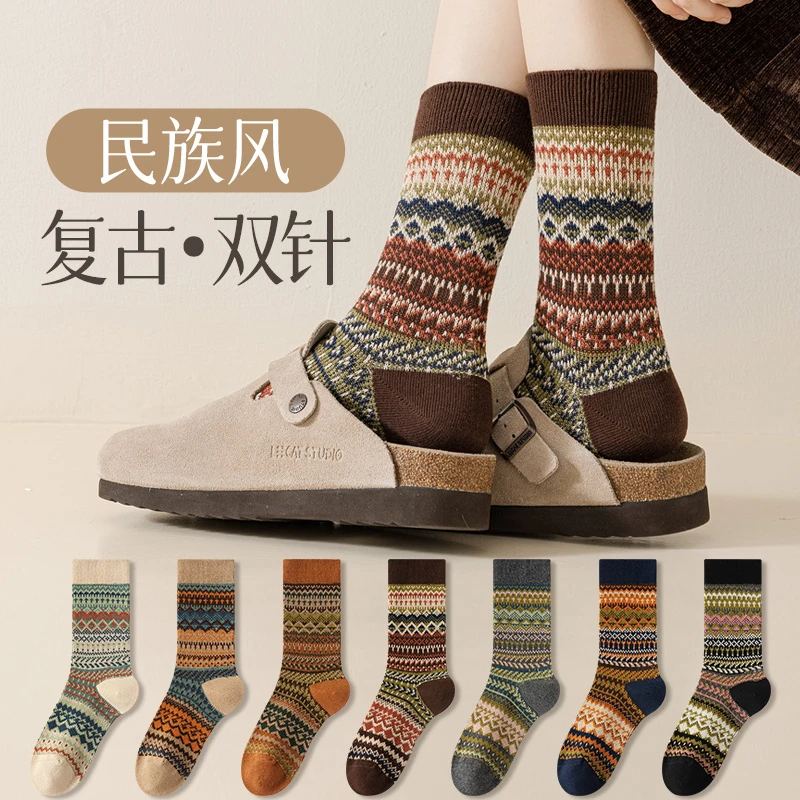 袜子女秋冬中筒袜文艺棉袜复古双针双路长袜透气日系民族风堆堆潮