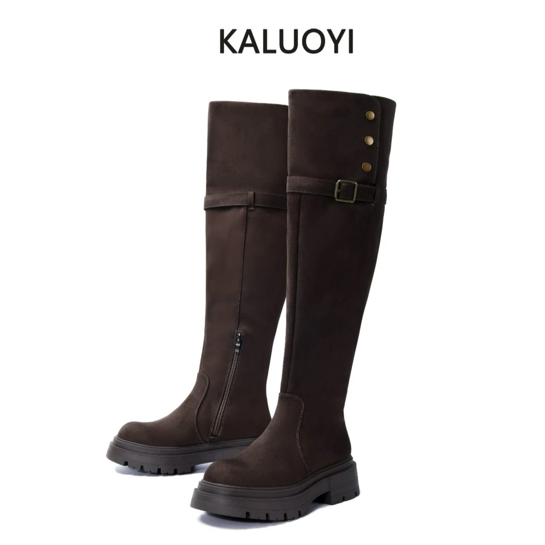 KALUOYI水晶绒冬季绒里过膝时尚百搭厚底高筒靴圆头弹力长筒靴