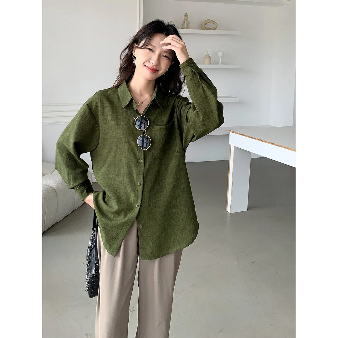 设计感内搭复古港味绿色长袖衬衫女宽松显瘦2024秋季新款衬衣上衣