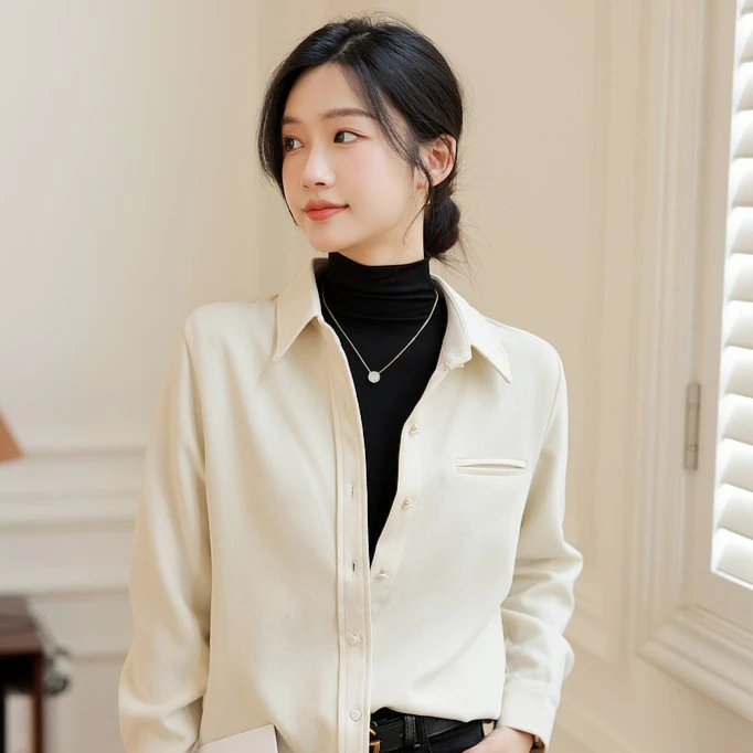 复古港风加厚高级感叠穿衬衫女士春秋冬内搭磨毛灯芯绒衬衣女外穿