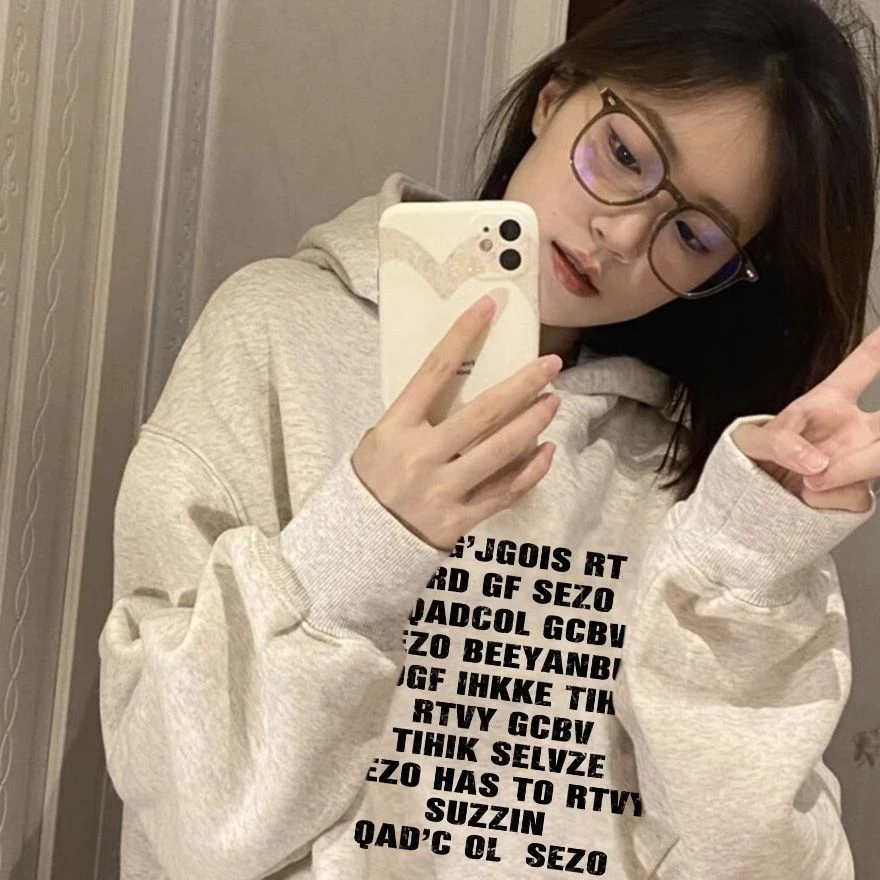 FOPJ重磅银狐绒双层帽时尚百搭休闲连帽印花慵懒风加绒春秋卫衣潮