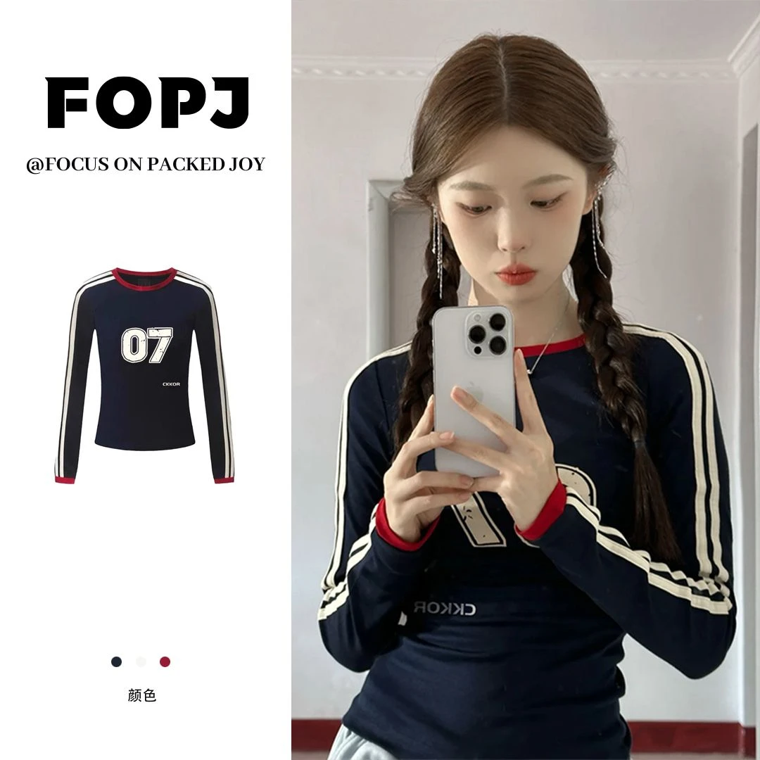 FOPJ春秋季重磅精梳棉网红时尚修身长袖t恤女印花显瘦藏蓝上衣ins