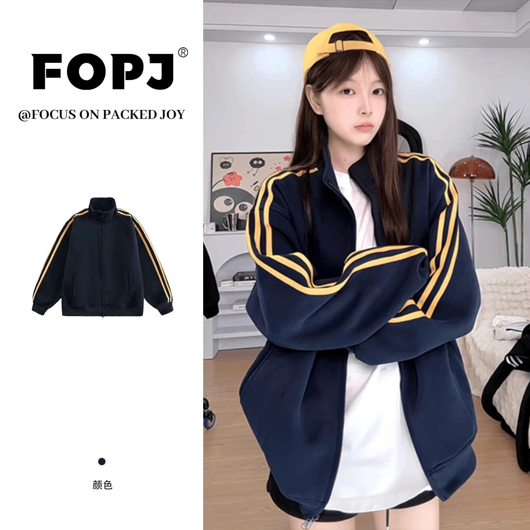FOPJ时尚立领开衫卫衣女潮流印花春秋季宽松长袖加绒加厚拉链外套