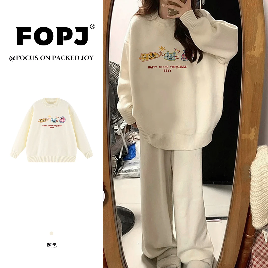 FOPJ韩版时尚卡通印花学院风长袖圆领套头毛衣春秋季宽松减龄上衣