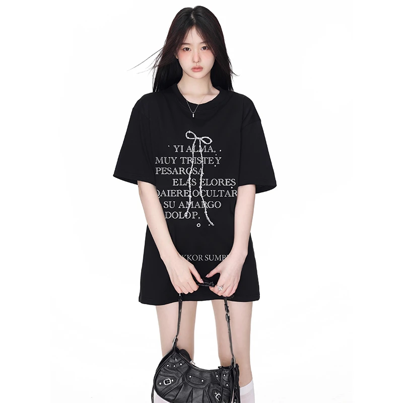 FOPJ重磅硬挺纯棉黑色短袖T恤女夏季新款宽松蝴蝶结字母印花休闲