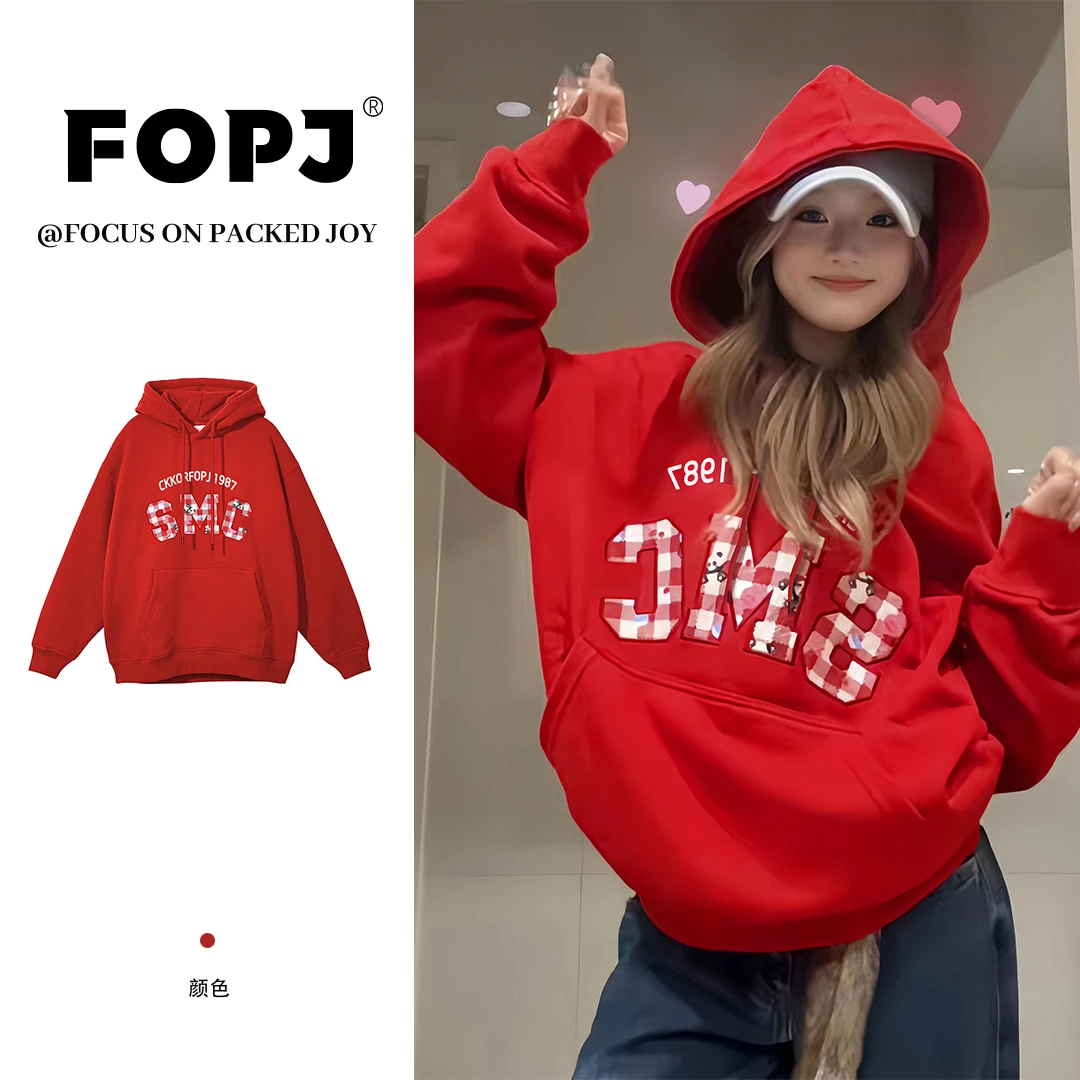 FOPJ美式复古红色连帽卫衣女春秋季国潮百搭休闲加绒加厚宽松外套