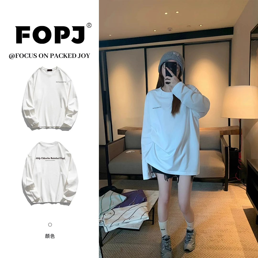 FOPJ春秋重磅硬挺纯棉圆领长袖t恤女学生潮流时尚印花宽松上衣ins