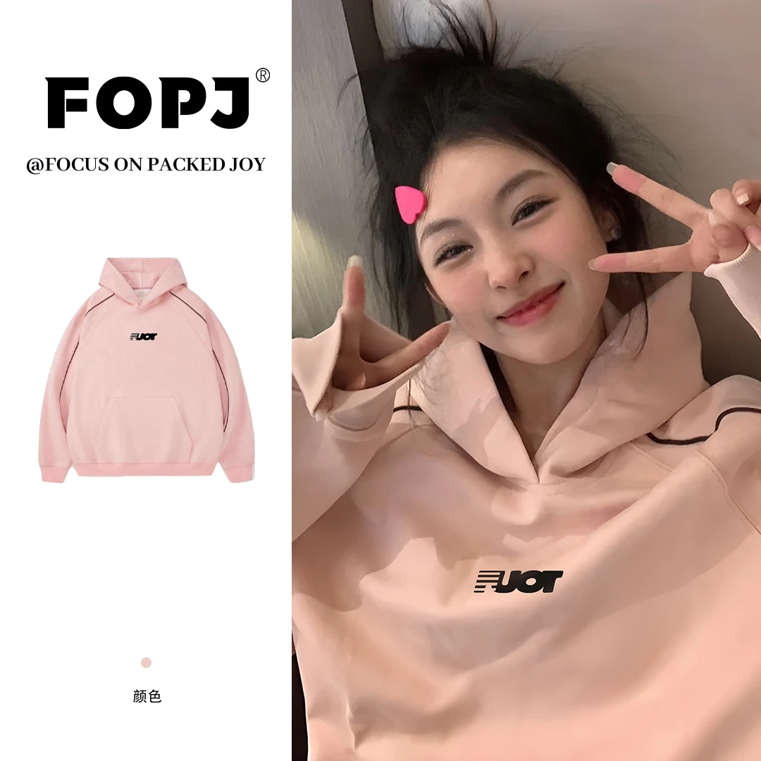 FOPJ时尚休闲印花春秋长袖连帽衫套头卫衣女加绒加厚宽松学生外套